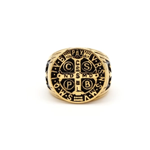 Religious Saint Benedict medal ring in gold-plated stainless steel for men