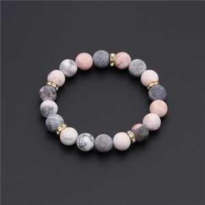 Frosted Natural Stone Beaded Bracelet With Gold Alloy Rhinestone Spacers Pink Grey White Round Beads Elastic Jewelry