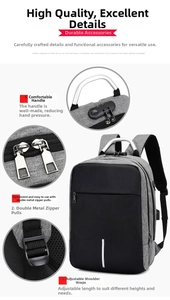 Detail view of anti-theft laptop backpack showing metal zippers and padded handle