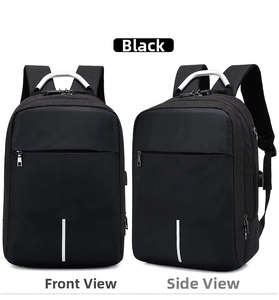 Detail of black anti-theft backpack with security combination lock and reflective strip
