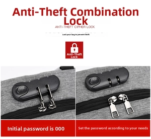 Detail view of anti-theft 3-digit combination lock on business backpack with metal zippers