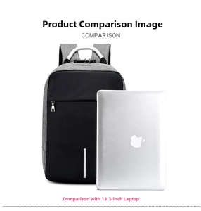 Size comparison of the 13.3-inch laptop next to a gray anti-theft laptop backpack