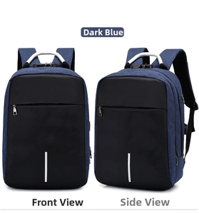 Front and side view of dark blue business laptop backpack with USB port and metal handle