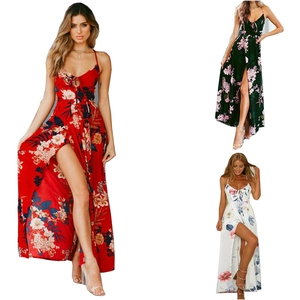 Detailed view of floral summer dress options featuring V-neck and high side slits