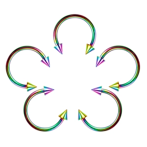 Detailed view of six rainbow stainless steel circular barbells with spiked ends in a flower shape