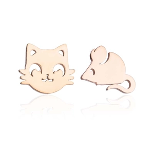 Close-up of asymmetrical rose gold Tom and Jerry cat and mouse stud earrings set