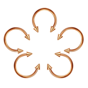Set of 6 golden horseshoe rings with conical tips arranged in a circular pattern