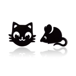 Minimalist black stainless steel cat and mouse asymmetric stud earrings for women