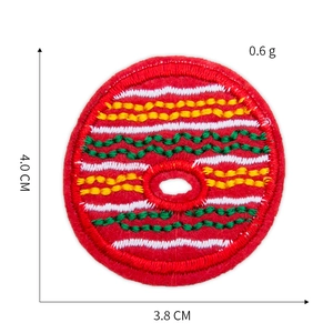 Detail view of round embroidered patch showing colorful wavy stripes and 4.0cm size measurement