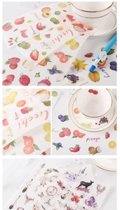 Detail view of fruit and bohemian stickers on translucent washi paper set
