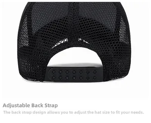 Detail of adjustable snapback closure on a black breathable mesh summer trucker hat