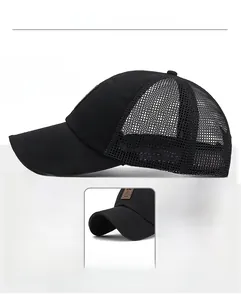 Detail view of breathable mesh back and adjustable strap on a black baseball cap