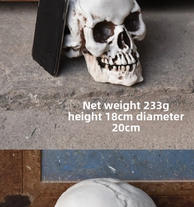 Realistic Halloween skull prop with dimensions height 18cm, diameter 20cm, weight 233g