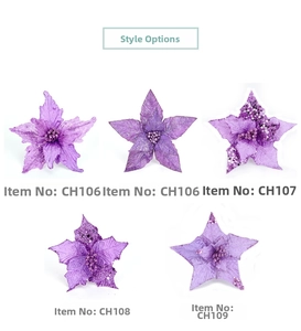 Detailed set of purple velvet poinsettia flowers with glitter and sequins for Christmas