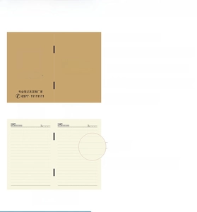 Detail view of A5/B5 saddle-stitched kraft notebook with specifications and size comparison