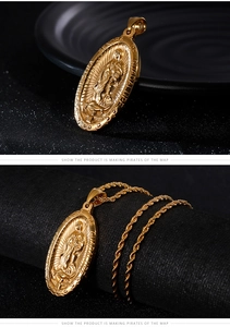 Detailed close-up of golden oval Our Lady of Guadalupe religious pendant with rope chain