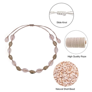 Bohemian gold shell necklace with natural beads and adjustable beige woven rope cord