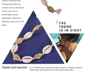 Detail of bohemian shell necklace and bracelet with gold finish and adjustable twine