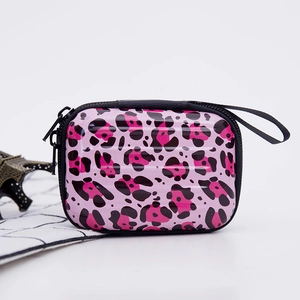 Pink leopard pattern square storage box for earphones with black zipper and carry strap