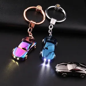 Sports Car Model Keychain Zinc Alloy Metal LED Glowing Light Electroplated Colorful Car Key Ring Bag Pendant Gift Accessory