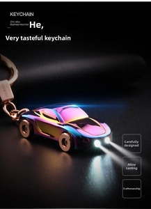 Macro detail of rainbow zinc alloy car keychain with LED headlight and logo engraving