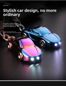 Macro detail of electroplated car keychains with glowing dual LED headlights