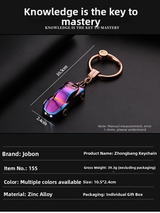 Zinc alloy car keychain detail showing dimensions of 10.5cm by 2.4cm with gift box