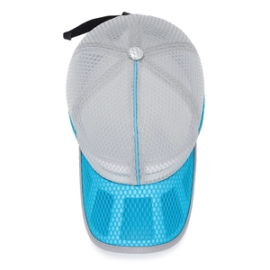 Kids breathable mesh baseball cap with blue and grey patchwork design and adjustable cord
