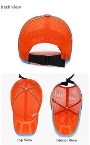 Three views showing back, top, and inside of orange breathable mesh kids sports cap