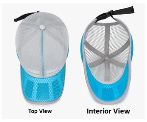 Detail view of breathable polyester mesh baseball cap showing top and inside structure