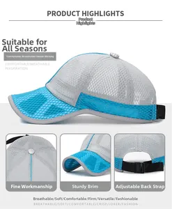 Close-up of breathable grey mesh and blue honeycomb fabric on kids' baseball cap