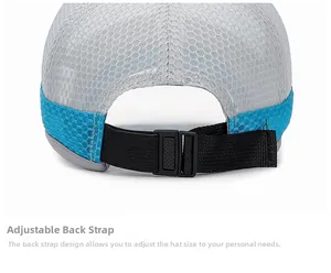 Detail of adjustable snapback buckle and breathable grey-blue mesh on kids baseball cap