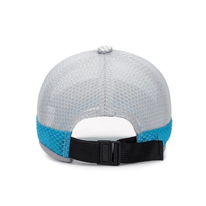 Grey mesh kids baseball cap with blue trim and adjustable black back strap buckle