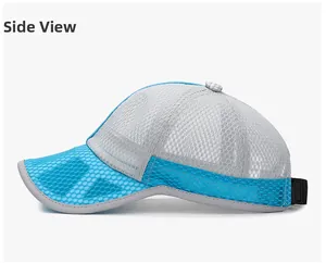 Side view of breathable mesh kids baseball cap in grey and blue with adjustable strap