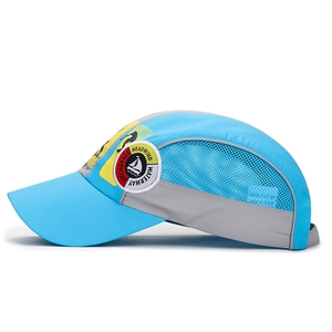 Kids quick-dry sports sun hat with breathable mesh and nautical badge in blue and grey