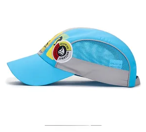 Detailed side view of blue and grey sports cap showing breathable mesh and embroidered patch
