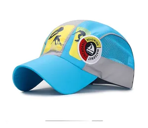 Detail view of a breathable mesh sun hat with a blue and grey color-blocked design