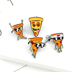 Detailed view of four colorful enamel cartoon pizza pins with funny expressions and poses