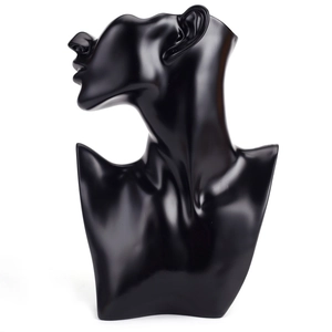 Professional black resin bust mannequin for necklace display on white background