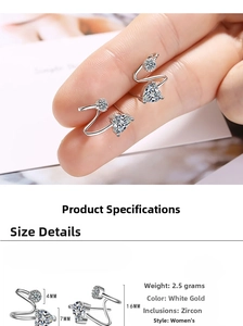 Detailed size specifications for heart-shaped zircon earrings in silver finish
