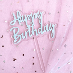 Happy Birthday cake topper in white acrylic on transparent base with pink starry tulle