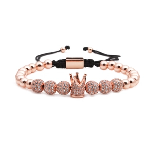 Rose gold crown beaded bracelet with micro-pave zircon spheres and adjustable cord