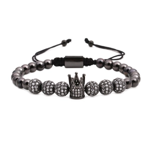 Adjustable gunblack crown bracelet featuring micro-pave zircon balls and metal beads