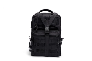Close-up of black tactical backpack showing heavy-duty MOLLE webbing and buckles