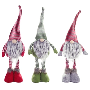 Three Christmas gnomes in red, green, and gray stripes with pointed hats and plush beards