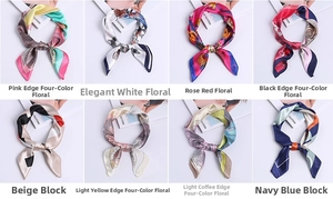 Detailed grid view of eight colorful floral and geometric print satin silk square scarves