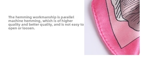 Detailed macro view of high-quality machine-stitched edges on floral silk satin scarf