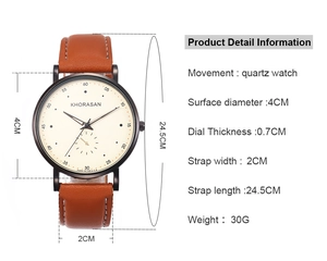 Détails de la montre à quartz montrant un cadran de 4cm et un bracelet en cuir brun