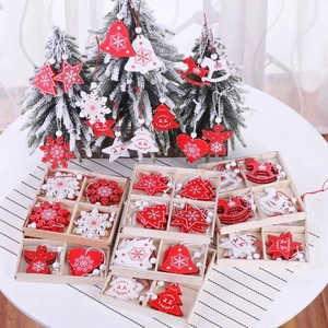 12pcs set of red and white wooden Christmas tree ornaments with snowflakes and stars