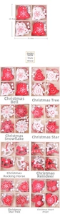 Detailed set of 12 red and white wooden Christmas tree ornaments in a square wooden box
